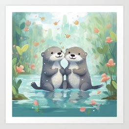 Otters in Love Art Print