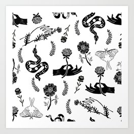 Linocut snakes hand rose floral black and white spooky gothic pattern Art Print