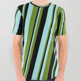[ Thumbnail: Turquoise, Green & Black Colored Lines/Stripes Pattern All Over Graphic Tee ]