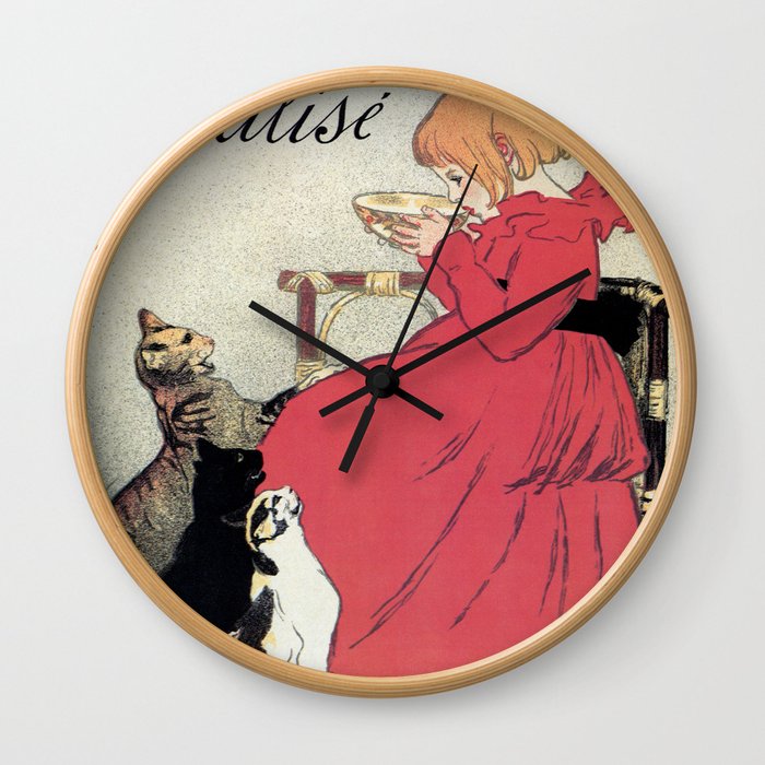 Vintage Art nouveau French milk advertising, cats, girl Wall Clock