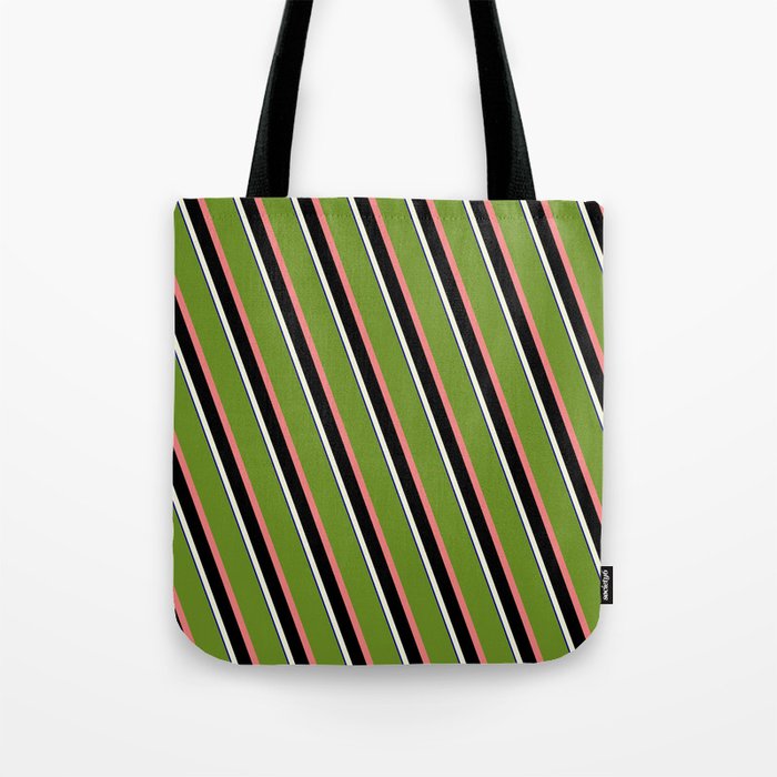 Eyecatching Green, Light Coral, Black, Beige, and Dark Blue Colored Lined/Striped Pattern Tote Bag