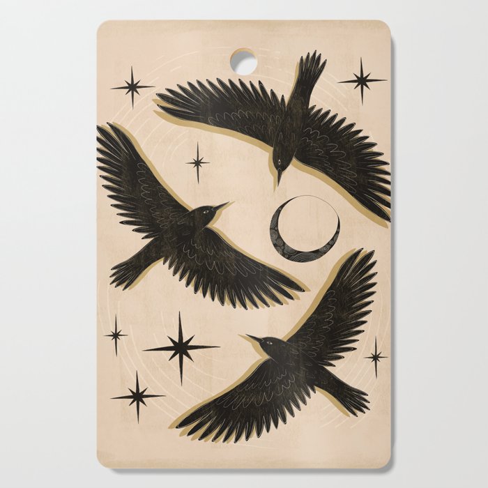 Black birds flying with the Moon Cutting Board