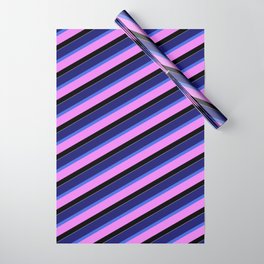 [ Thumbnail: Vibrant Midnight Blue, Royal Blue, Violet, Black, and White Colored Pattern of Stripes Wrapping Paper ]