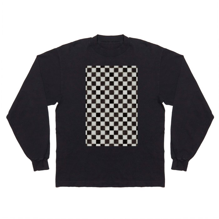 Large Black and White Watercolored Checkerboard Chess Long Sleeve T Shirt