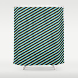 [ Thumbnail: Colorful Dark Goldenrod, Powder Blue, Turquoise, Midnight Blue, and Black Colored Lined Pattern Shower Curtain ]