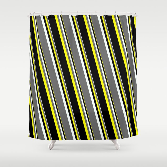 Mint Cream, Dim Gray, Yellow, and Black Colored Stripes Pattern Shower Curtain