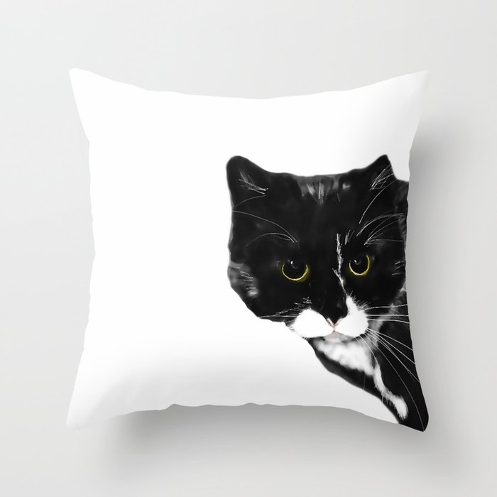 Curious Black Cat on White Background  #decor #society6 #buyart Throw Pillow