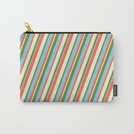 [ Thumbnail: Red, Beige, Green, and Sky Blue Colored Stripes Pattern Carry-All Pouch ]