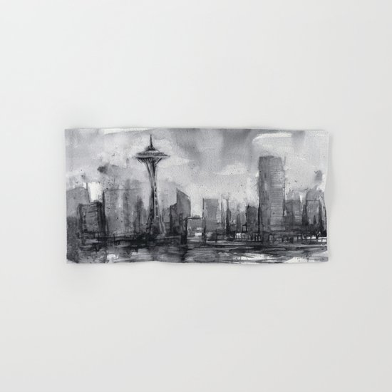 Seattle Skyline Painting Watercolor Black and White Space Needle Hand & Bath Towel
