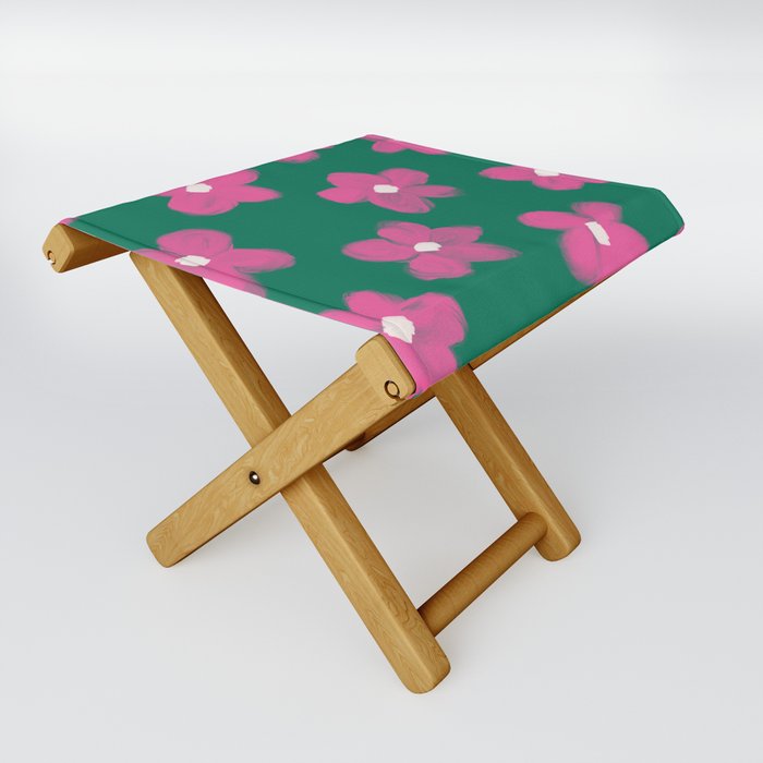 70s 60s Bold Pink Flowers on Green Folding Stool