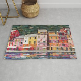 Portofino, Italy coastal fishing village, Italian Riviera, Genoa colorful houses with flower window boxes landscape painting Gisella Giovenco, CC BY-SA 4.0 <https://creativecommons.org/licenses/by-sa/4.0>, via Wikimedia Commons Area & Throw Rug