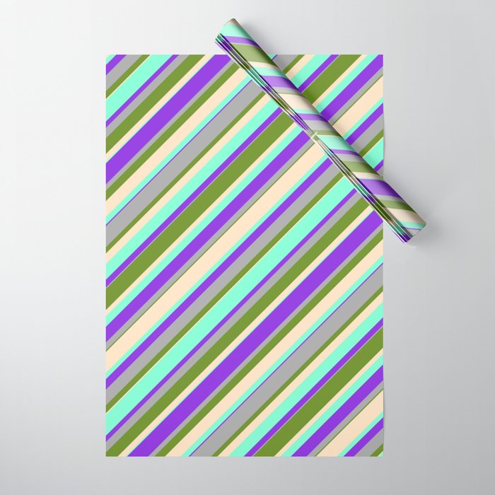 Green, Bisque, Aquamarine, Purple & Dark Gray Colored Stripes Pattern Wrapping Paper