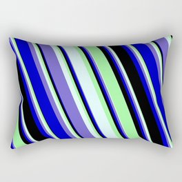[ Thumbnail: Green, Light Cyan, Slate Blue, Blue, and Black Colored Stripes Pattern Rectangular Pillow ]