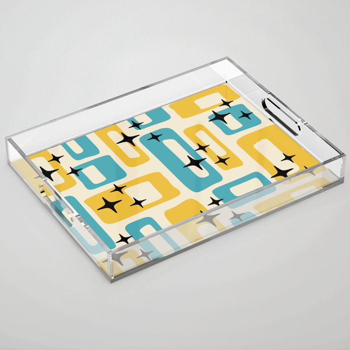 Retro Mid Century Modern Abstract Pattern 224 Blue and Yellow Acrylic Tray