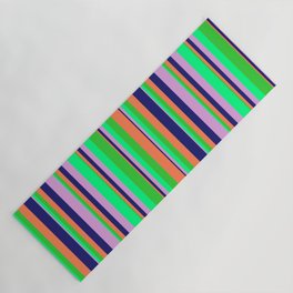 [ Thumbnail: Vibrant Lime Green, Coral, Midnight Blue, Plum, and Green Colored Lines/Stripes Pattern Yoga Mat ]