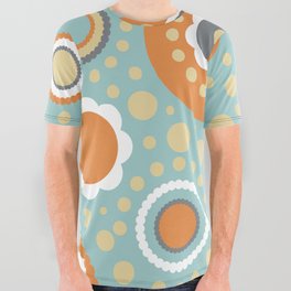 Contemporary Geometric Shapes Circles Dots and Flowers in Orange Turquoise and Gray All Over Graphic Tee