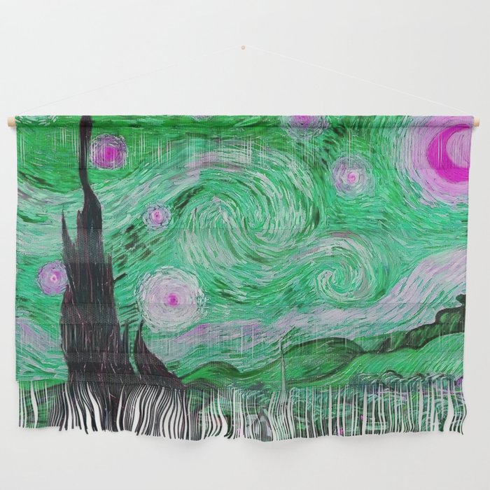 The Starry Night - La Nuit étoilée oil-on-canvas post-impressionist landscape masterpiece painting in alternate green and purple by Vincent van Gogh Wall Hanging