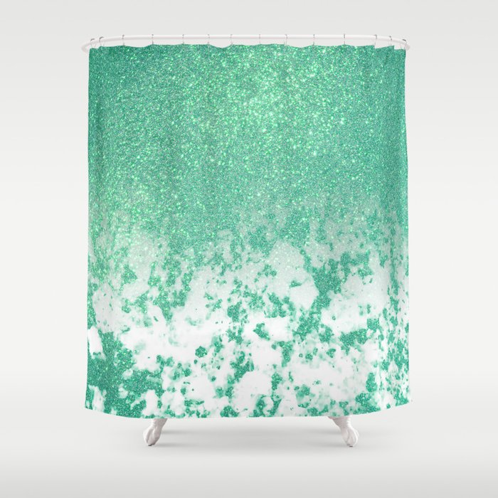 Chic Sparkly Mermaid Green Glitter Marble Ombre Shower Curtain