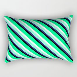 [ Thumbnail: Eyecatching Green, White, Aquamarine, Midnight Blue & Black Colored Stripes Pattern Rectangular Pillow ]