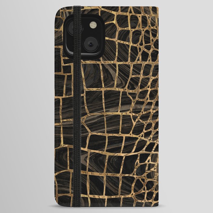 Faux Crocodile Black Liquid Marble and gold  iPhone Wallet Case