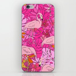 Flamingos on a background of tropical leaves and flowers. Seamless pattern. Flamingo cartoon element iPhone Skin