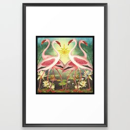 Flamingos with Water Lilies Framed Art Print
