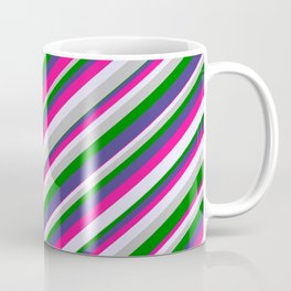 [ Thumbnail: Eye-catching Dark Slate Blue, Deep Pink, Lavender, Grey, and Green Colored Striped/Lined Pattern Coffee Mug ]