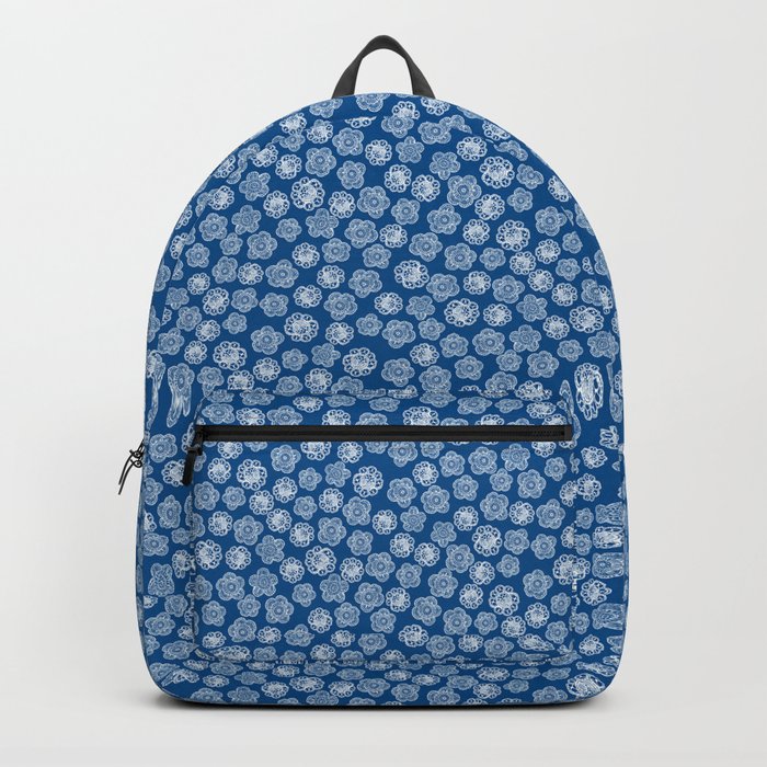 Small lace flowers white on blue Backpack