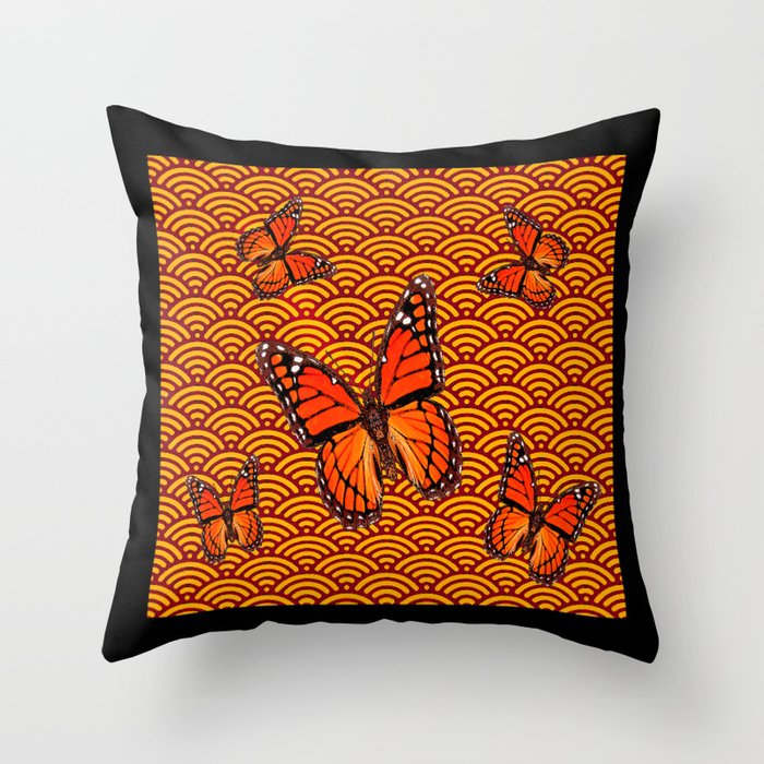 Orange Monarch Butterflies In Stylized Clouds Black Abstract Throw Pillow