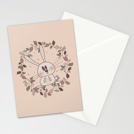 Adorable rabbits with autumn leaves and berries in pink colors Stationery Card