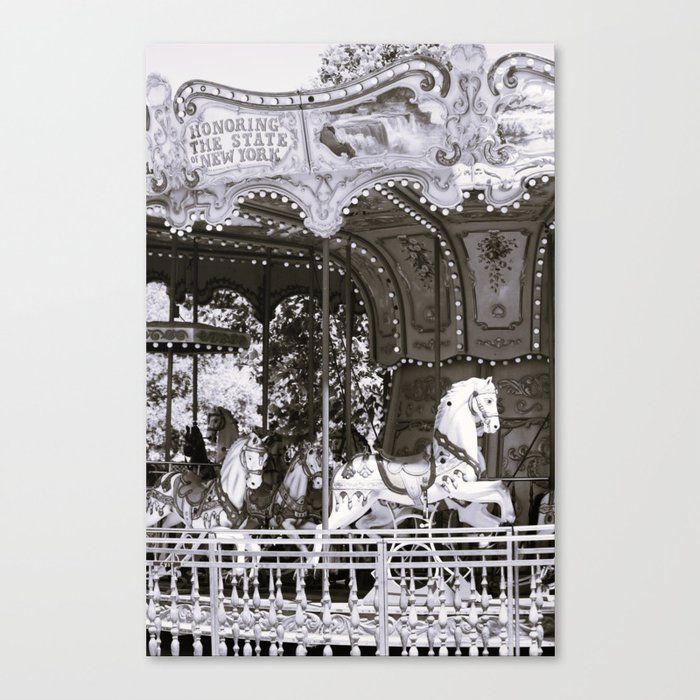 Carousel Horses - NY - B&W Canvas Print