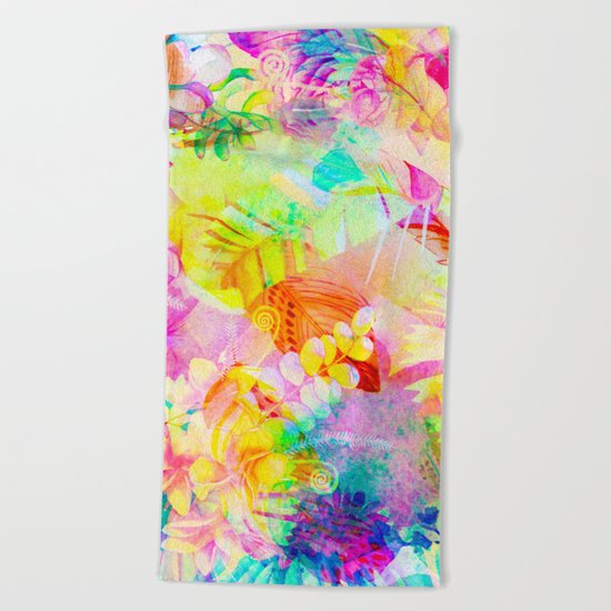 flowers pink yellow Beach Towel