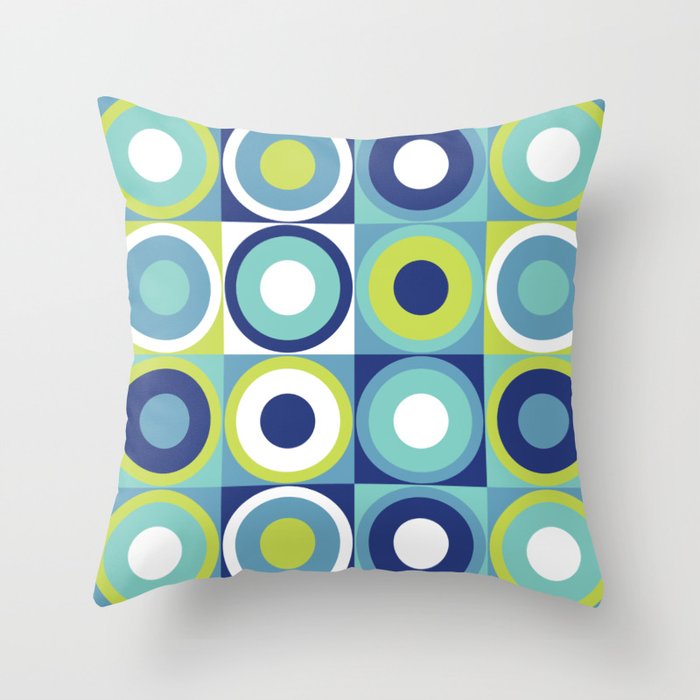 Retro circles blue teal neon green Throw Pillow