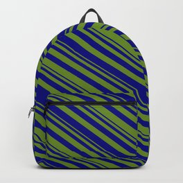 [ Thumbnail: Green & Blue Colored Striped/Lined Pattern Backpack ]