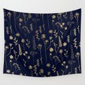 Hand drawn gold cute dried pressed flowers illustration navy blue Wandbehang