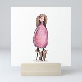 Cat Love - Woman in Pink Sweater with Cat Mini Art Print