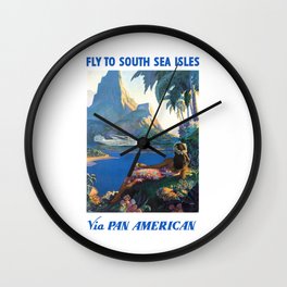 1940 FLY TO THE SOUTH SEA ISLES Via Pan American Airlines Travel Poster Wall Clock
