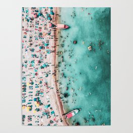 Aerial Beach Print, Large Printable Ocean Waves Wall Art, Teal Coastal Decor, Beach With People Poster