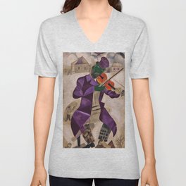 The Green Violinist, France winter scene portrait circa 1924 by Marc Chagall V Neck T Shirt