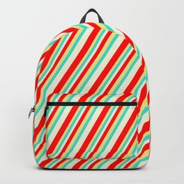 [ Thumbnail: Beige, Red, Tan, and Turquoise Colored Striped Pattern Backpack ]