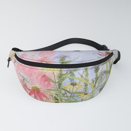 Botanical Floral Watercolor Pink Blue Yellow Flowers Blue Skies Fanny Pack