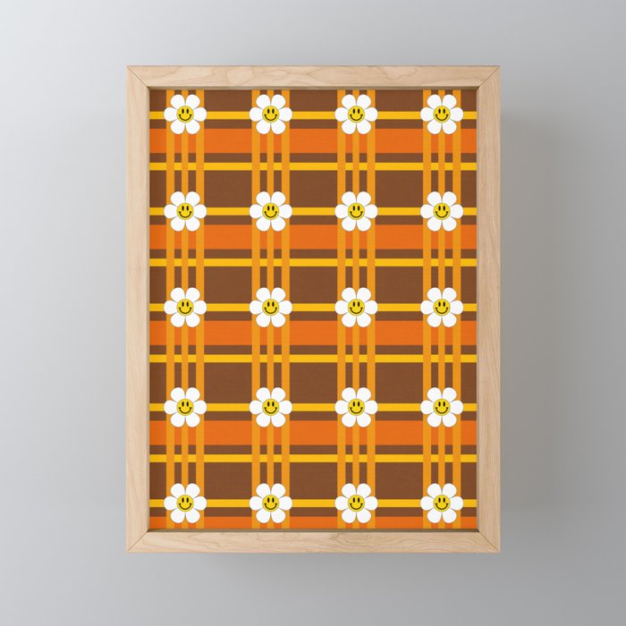 Retro floral smiley plaid # 60s sweet caramel Framed Mini Art Print