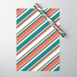 [ Thumbnail: Red, Mint Cream & Teal Colored Lines Pattern Wrapping Paper ]