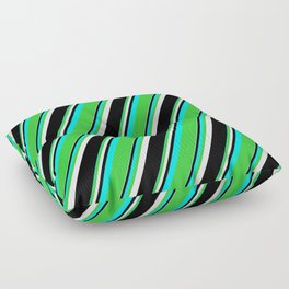 [ Thumbnail: Cyan, Lime Green, Lavender, and Black Colored Pattern of Stripes Floor Pillow ]
