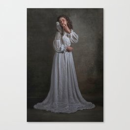 The haunting; young woman in pearl white Victorian gown with snowy owl perched on her shoulder female magical realism portrait photograph / photography Canvas Print