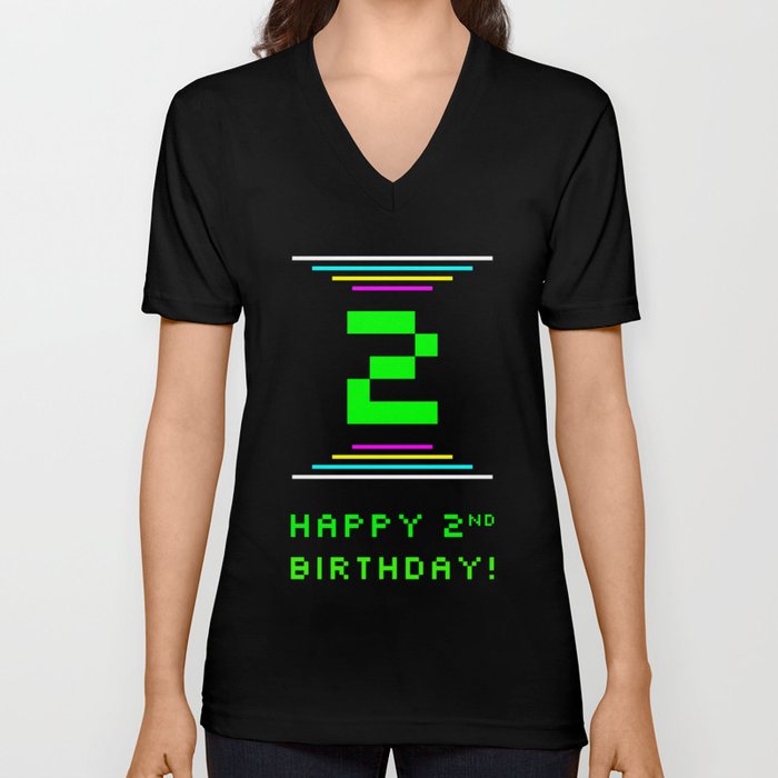 2nd Birthday - Nerdy Geeky Pixelated 8-Bit Computing Graphics Inspired Look V Neck T Shirt