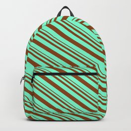 [ Thumbnail: Brown & Aquamarine Colored Lines/Stripes Pattern Backpack ]