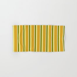 [ Thumbnail: Eye-catching Green, Tan, Goldenrod, White, and Dark Green Colored Lined/Striped Pattern Hand & Bath Towel ]