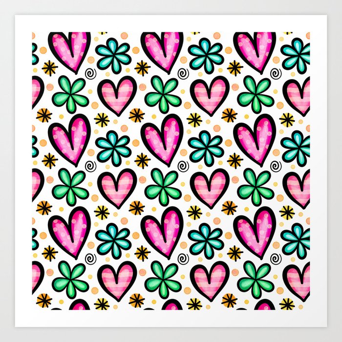 Doodle Heart & Flower Pattern 10 Art Print