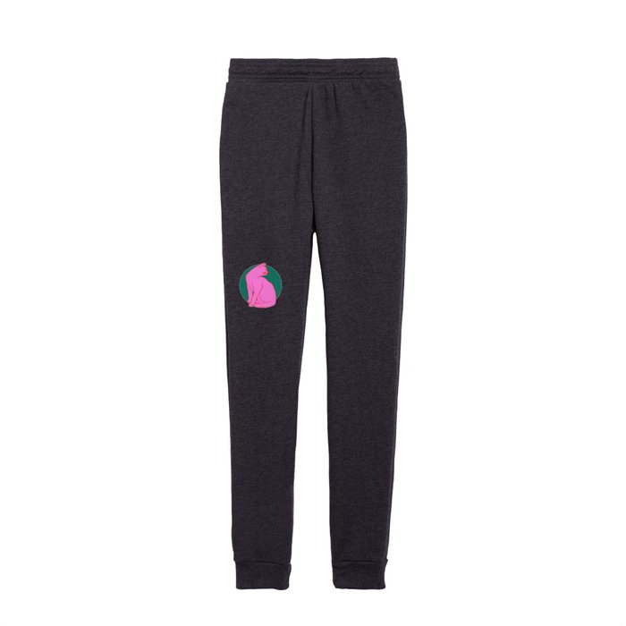 Pink Cat On Green Background Kids Joggers